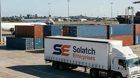 Aircraft and shipping containers at an international freight terminal