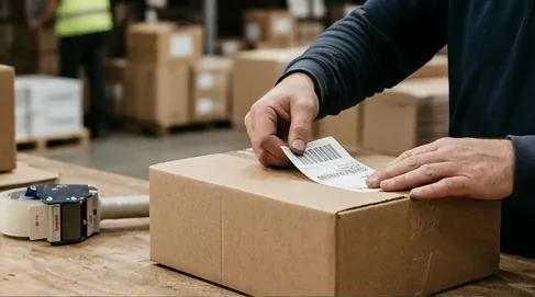 Courier staff packing and labelling a cardboard parcel