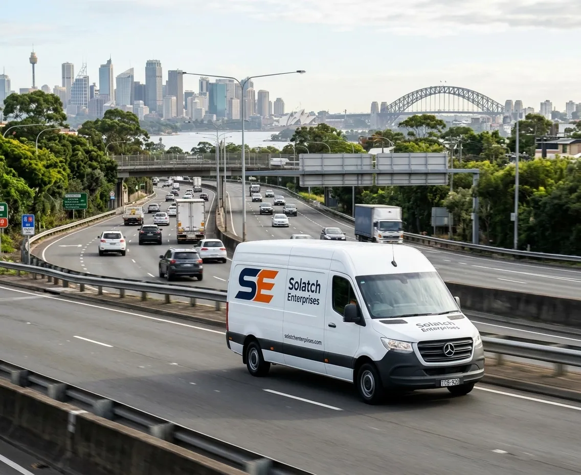 Solatch Enterprises courier van on a Sydney highway with the Harbour Bridge and city skyline behind