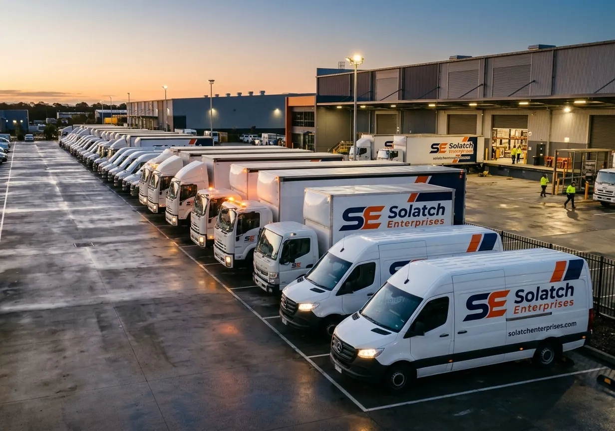 Solatch Enterprises fleet of delivery vans and trucks lined up at the depot