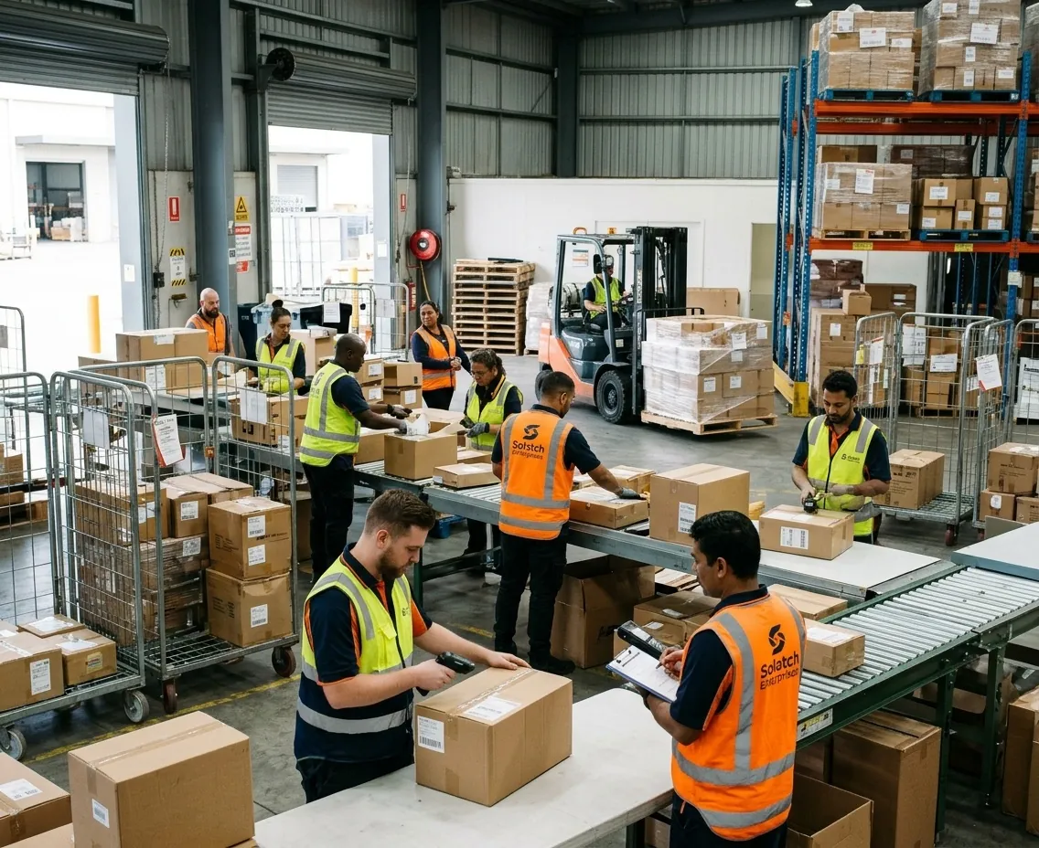 Solatch Enterprises team sorting and packing parcels in the Greenacre warehouse